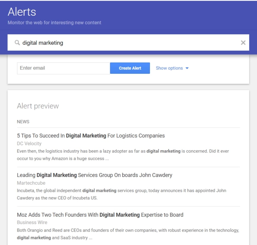 Google alerts keyword digital marketing