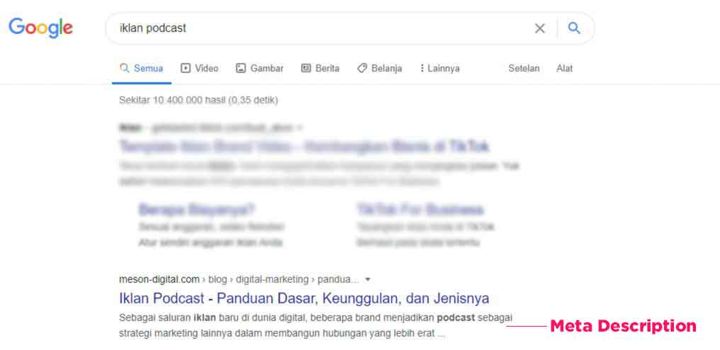 Meta description pada search result google