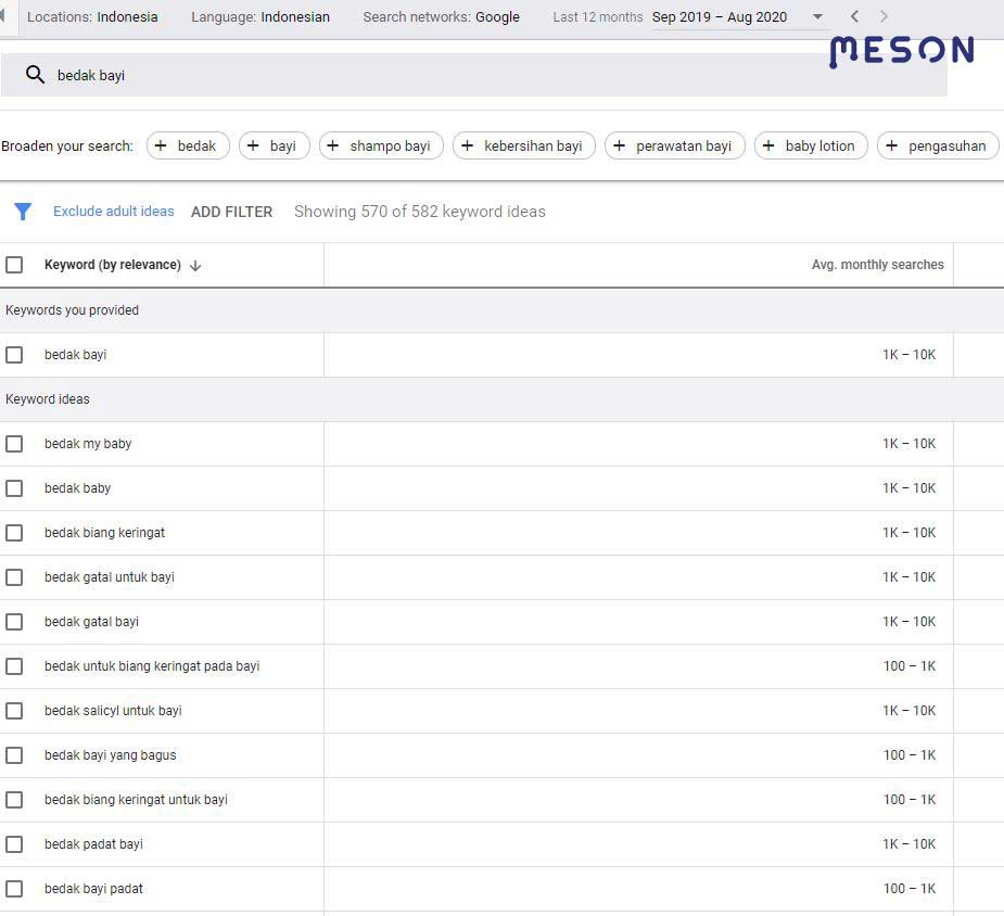 Google keyword planner kata kunci bedak bayi