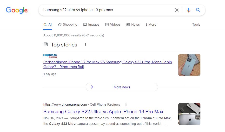 Google search dengan keyword samsung s22 ultra vs iphone 13 pro max
