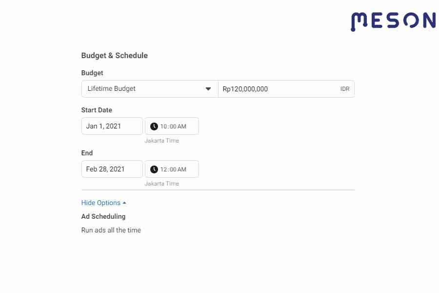 Pengaturan budget dan waktu iklan FB
